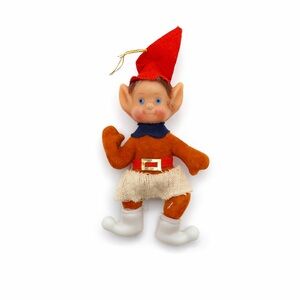 Vintage Christmas Elf Ornament Flocked Plastic Pixie Figure Red Hat 4”
